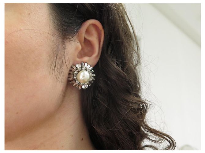 ORECCHINI VINTAGE CHANEL CLIP-ON PERLE E STRASS 1970'S BAGUETTE EARRINGS Argento - vista 11