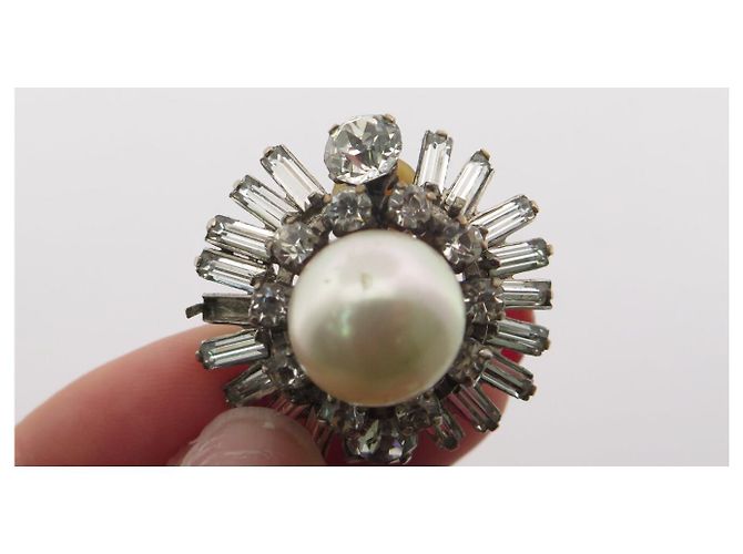 ORECCHINI VINTAGE CHANEL CLIP-ON PERLE E STRASS 1970'S BAGUETTE EARRINGS Argento - vista 12