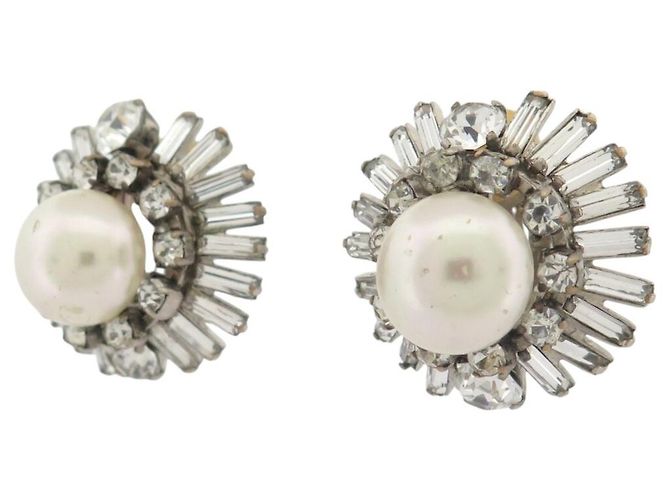 ORECCHINI VINTAGE CHANEL CLIP-ON PERLE E STRASS 1970'S BAGUETTE EARRINGS Argento - vista 2