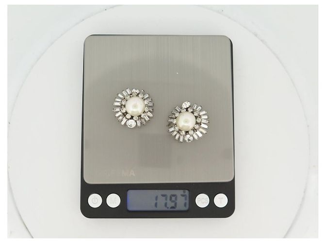 ORECCHINI VINTAGE CHANEL CLIP-ON PERLE E STRASS 1970'S BAGUETTE EARRINGS Argento - vista 4