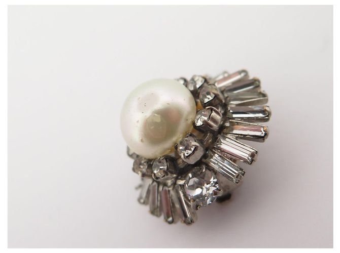 ORECCHINI VINTAGE CHANEL CLIP-ON PERLE E STRASS 1970'S BAGUETTE EARRINGS Argento - vista 9