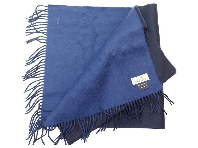 Hermès NUOVA SCIARPA HERMES REVERSIBILE CON FRANGE 100% CAŠMIR BLU NOTTE - vista 4