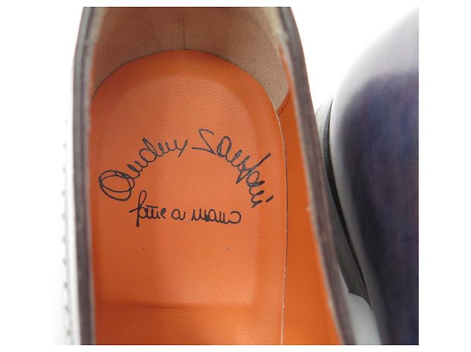 SAPATOS SANTONI 11941 RICHELIEU 8.5IT 43.5FR COURO PATINADO AZUL NOVOS - vista 9
