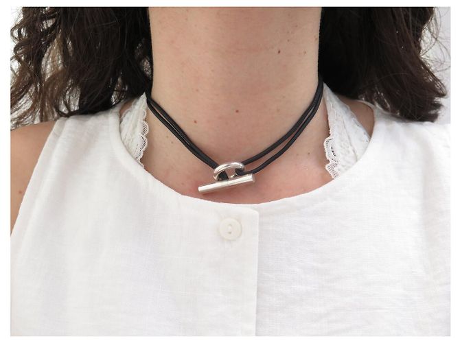 Hermès COLLAR HERMES SKIPPER NOIR PLATA 925 MACIZA BRAZALETE DOBLE VUELTA Negro - vista 13