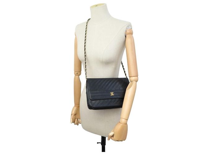 VINTAGE CHANEL HANDべきTASCHE EINFACHE KLAPPE CC LOGO SCHWARZ CHEVRON LEDER HAND BAG - Ansicht 5