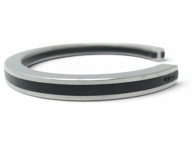 Hermès NUOVO BRACCIALETTO HERMES JONC CAPITAINE T16 IN ACCIAIO SPETTINATO E PELLE NERA Nero - vista 3