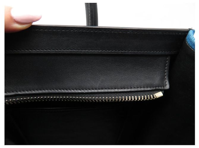 Céline NUOVO CELINE LUGGAGE MICRO PELLE NERA E TELA AZZURRO BEIGE HAND BAG - vista 12