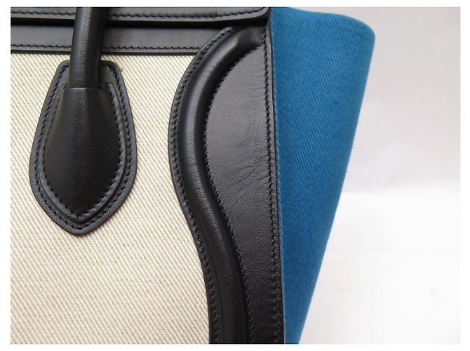 Céline NUOVO CELINE LUGGAGE MICRO PELLE NERA E TELA AZZURRO BEIGE HAND BAG - vista 13