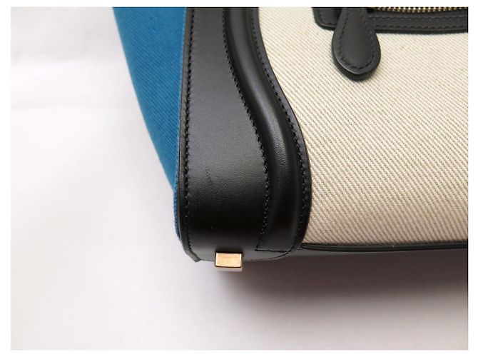 Céline NUOVO CELINE LUGGAGE MICRO PELLE NERA E TELA AZZURRO BEIGE HAND BAG - vista 15