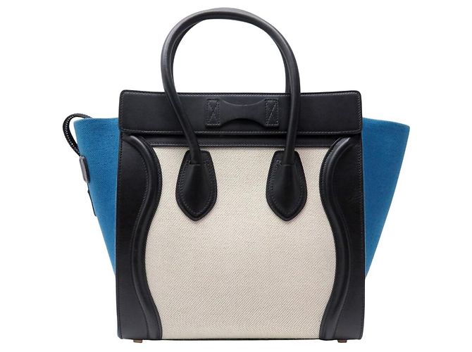 Céline NUOVO CELINE LUGGAGE MICRO PELLE NERA E TELA AZZURRO BEIGE HAND BAG - vista 2