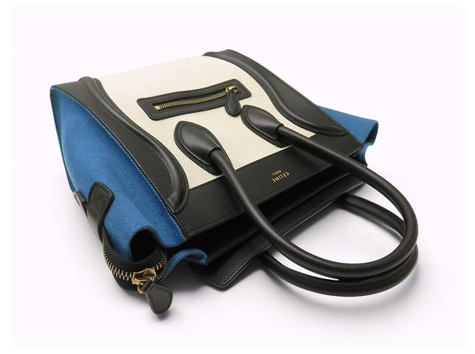 Céline NUOVO CELINE LUGGAGE MICRO PELLE NERA E TELA AZZURRO BEIGE HAND BAG - vista 3