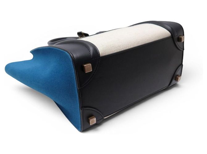 Céline NUOVO CELINE LUGGAGE MICRO PELLE NERA E TELA AZZURRO BEIGE HAND BAG - vista 4