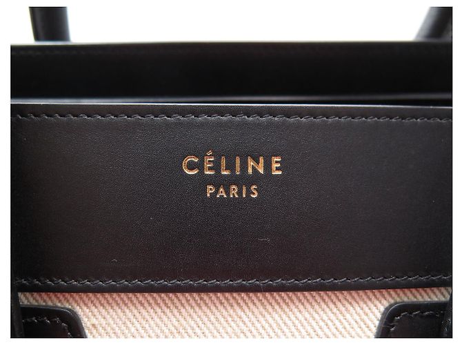Céline NUOVO CELINE LUGGAGE MICRO PELLE NERA E TELA AZZURRO BEIGE HAND BAG - vista 5