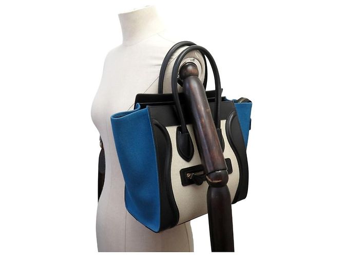 Céline NUOVO CELINE LUGGAGE MICRO PELLE NERA E TELA AZZURRO BEIGE HAND BAG - vista 6