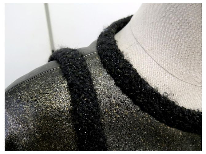 CHANEL Blouson-Jacke aus Lammleder mit Tweed-Besatz 36 S LEATHER COAT Schwarz - Ansicht 16