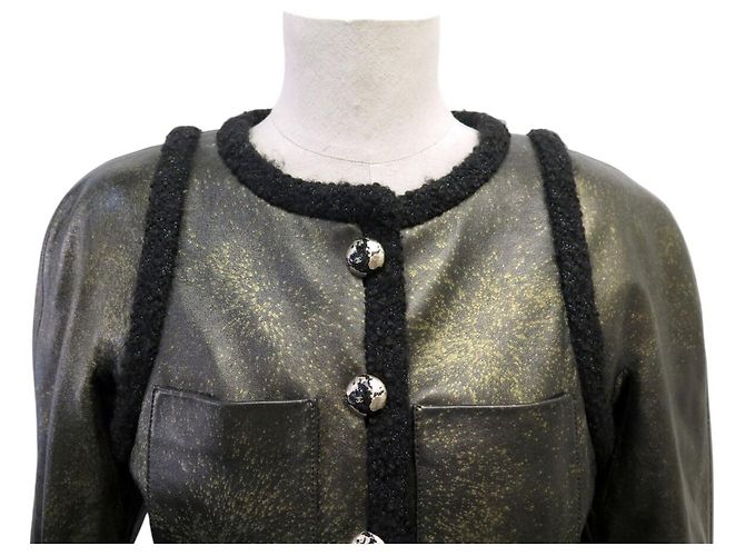 CHANEL Blouson-Jacke aus Lammleder mit Tweed-Besatz 36 S LEATHER COAT Schwarz - Ansicht 2