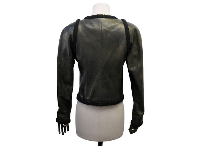 CHANEL Blouson-Jacke aus Lammleder mit Tweed-Besatz 36 S LEATHER COAT Schwarz - Ansicht 3