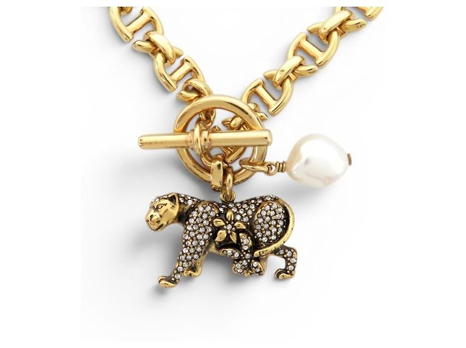 NUOVO COLLANA DIOR PANTHER SAUTOIR STRASS PERLE 69.5CM METALLO DORATO D'oro - vista 2