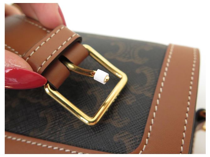 Céline NUOVA BORSA A SPALLA CELINE TRIOMPHE CLASSIC 191242 TELA E CALF LEATHER Marrone - vista 16