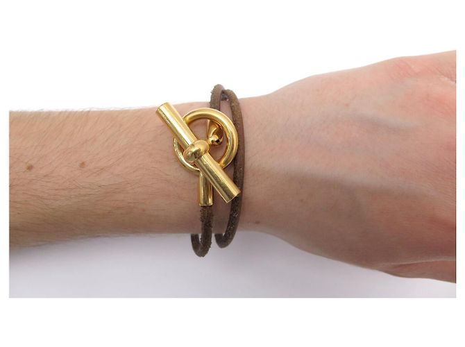 Hermès HERMES GLENAN HALSKETTE ARMREIF DOPPELWINDUNG GOLDFARBENES METALL UND LEDER Braun - Ansicht 9