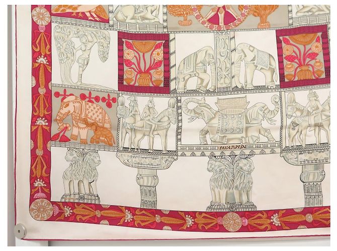 Hermès FULAR VINTAGE HERMES TORANA ANNIE FAIVRE CARRÉ 90 IN SETA ROSA - vista 5