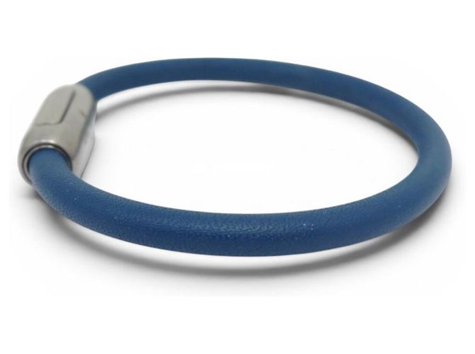NUOVO BRACCIALETTO LOUIS VUITTON DAMIER GEANT 16.5CM ACCIAIO CORDO IN PELLE BANGLE Blu - vista 2