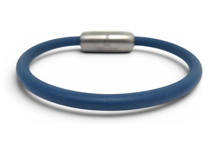NUOVO BRACCIALETTO LOUIS VUITTON DAMIER GEANT 16.5CM ACCIAIO CORDO IN PELLE BANGLE Blu - vista 3