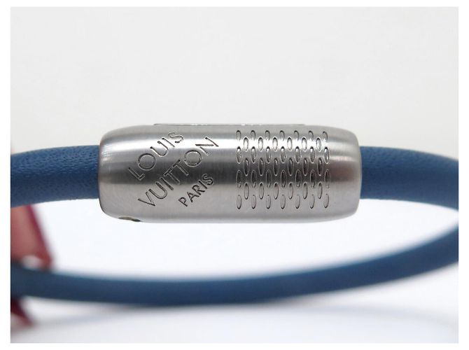 NUOVO BRACCIALETTO LOUIS VUITTON DAMIER GEANT 16.5CM ACCIAIO CORDO IN PELLE BANGLE Blu - vista 5