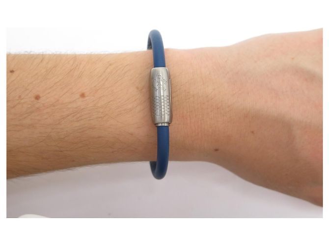 NUOVO BRACCIALETTO LOUIS VUITTON DAMIER GEANT 16.5CM ACCIAIO CORDO IN PELLE BANGLE Blu - vista 7