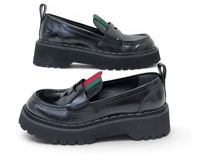 NUOVE CIABATTE GUCCI THEA BANDE WEB 806399 38 IT 39 FR PELLE NERA Nero - vista 3