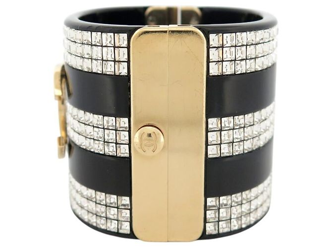 NUOVO BRACCIALE CHANEL MANCHETTA LOGO CC STRASS 15.5CM RESINA NERA BANGLE Nero - vista 2