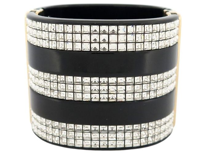 NUOVO BRACCIALE CHANEL MANCHETTA LOGO CC STRASS 15.5CM RESINA NERA BANGLE Nero - vista 3