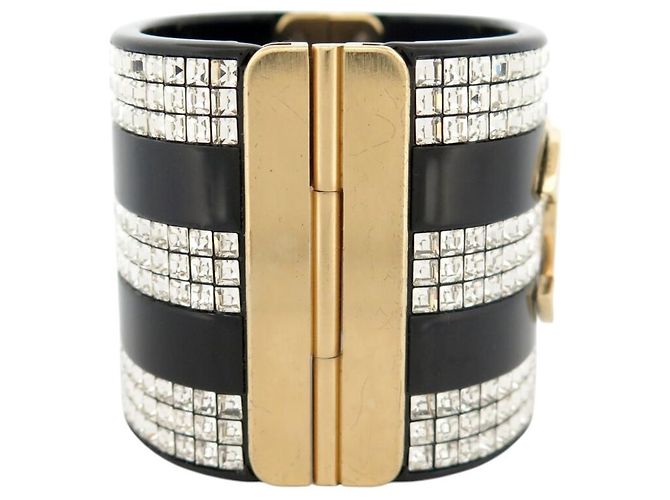 NUOVO BRACCIALE CHANEL MANCHETTA LOGO CC STRASS 15.5CM RESINA NERA BANGLE Nero - vista 4