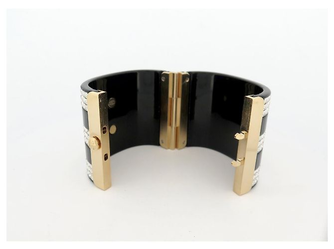 NUOVO BRACCIALE CHANEL MANCHETTA LOGO CC STRASS 15.5CM RESINA NERA BANGLE Nero - vista 6