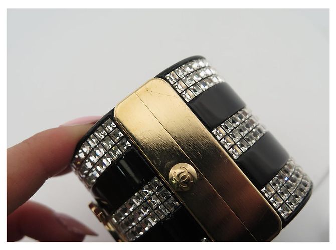 NUOVO BRACCIALE CHANEL MANCHETTA LOGO CC STRASS 15.5CM RESINA NERA BANGLE Nero - vista 9