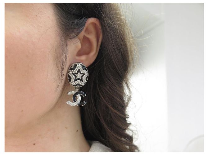 NUOVI ORECCHINI CHANEL LOGO CC STELLA STRASS EMAIL NERO Argento - vista 9