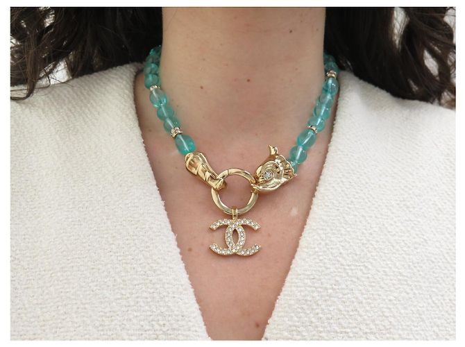 NEU CHANEL DRACHE FISCH CC LOGO STRASS PERLEN CHOKER Golden - Ansicht 8