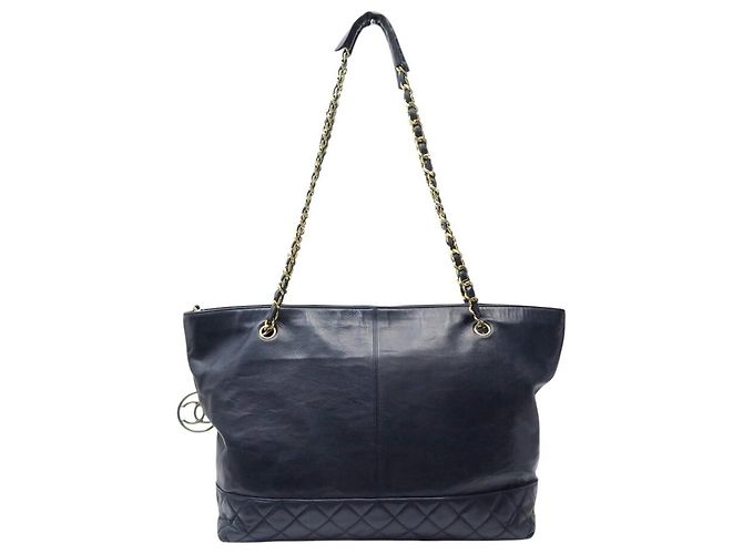 VINTAGE CHANEL SMOOTH LEATHER & MATELASSÉ BLUE TOTE HANDBAG Marineblau - Ansicht 2