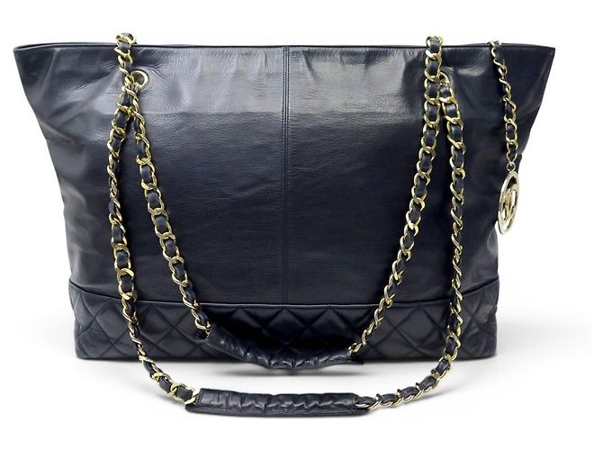 VINTAGE CHANEL SMOOTH LEATHER & MATELASSÉ BLUE TOTE HANDBAG Marineblau - Ansicht 3