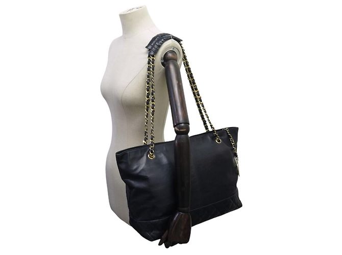 VINTAGE CHANEL SMOOTH LEATHER & MATELASSÉ BLUE TOTE HANDBAG Marineblau - Ansicht 4