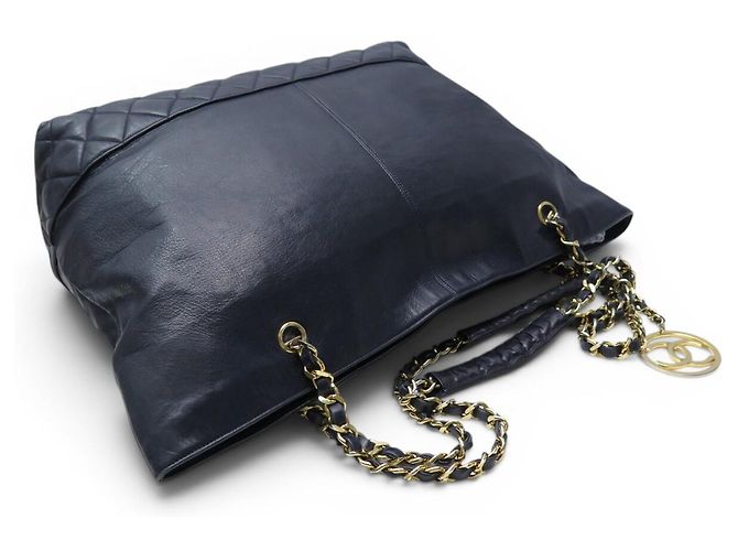 VINTAGE CHANEL SMOOTH LEATHER & MATELASSÉ BLUE TOTE HANDBAG Marineblau - Ansicht 6