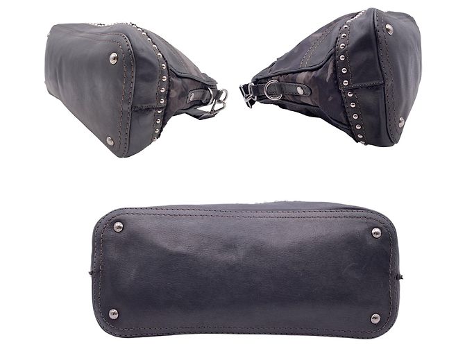 Prada Borsa a mano in nylon mimetico grigio e nero con borchie a 2 vie - vista 4