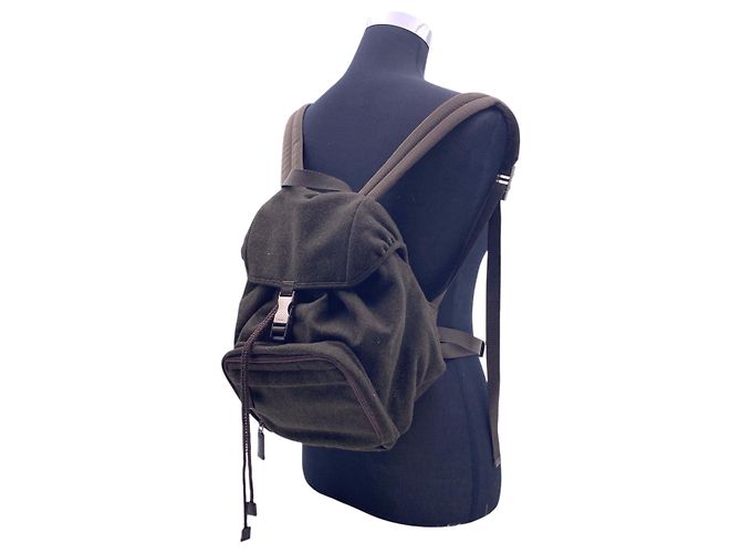 Prada Vintage Dark Green Wool Drowstring Backpack Bag - view 2