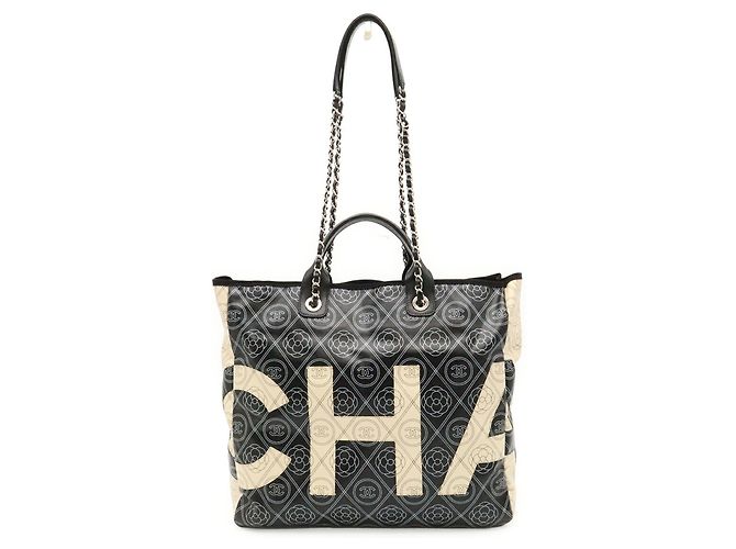 CHANEL Camellia Coco Mark Large Tote Bag Schwarz Beige - Ansicht 2