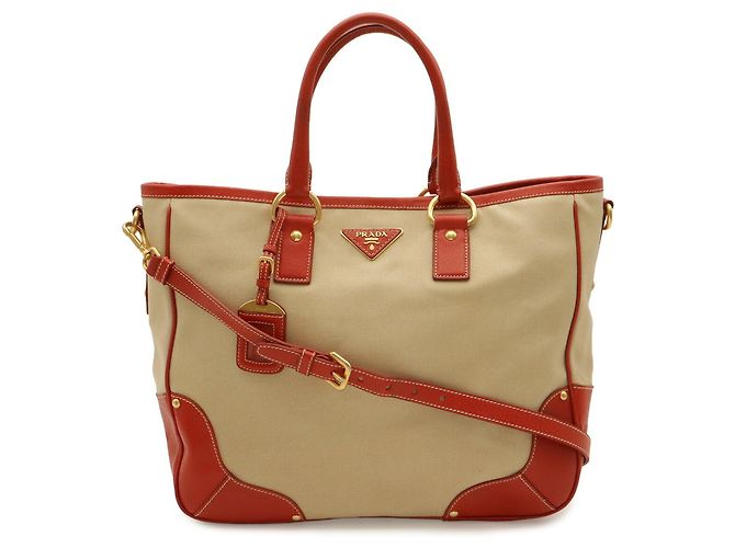 Borsa Tote Prada Triangle: Borsa a tracolla in tela e pelle beige e rosso - vista 2