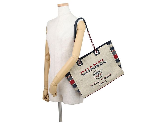 Borsa Tote Chanel Deauville Line Medium Multicolore Beige - vista 4