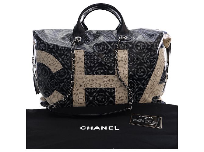 Borsa Bowling Chanel Black Large Coated Canvas Camellia Maxi Logo Nero - vista 15