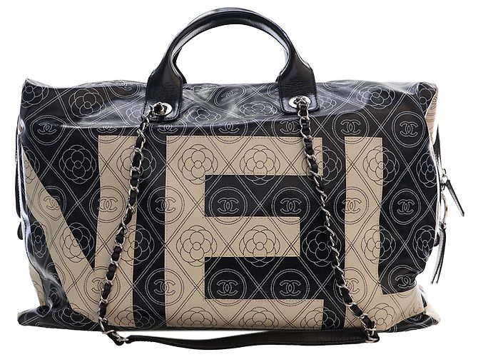 Borsa Bowling Chanel Black Large Coated Canvas Camellia Maxi Logo Nero - vista 2
