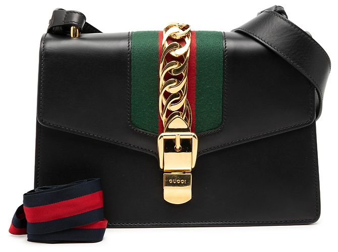 Borsa Gucci Black Small Calfskin Web Sylvie Satchel Nero - vista 8