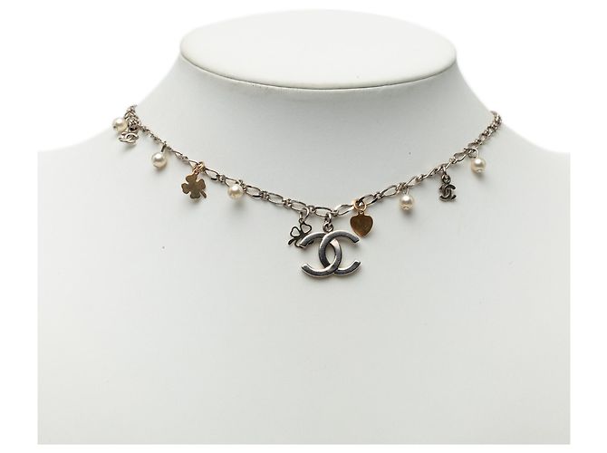 Collana Lucky Charm Chanel in ottone argentato CC e placcato oro con perle finte Argento - vista 6